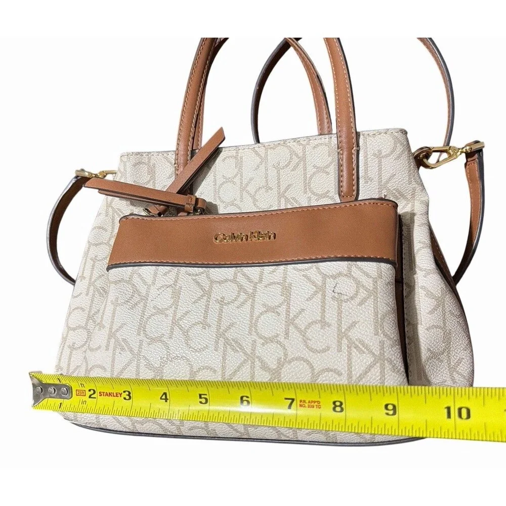 Calvin‎ Klein Signature Monogram Satchel Crossbody Beige Brown Zip Bag